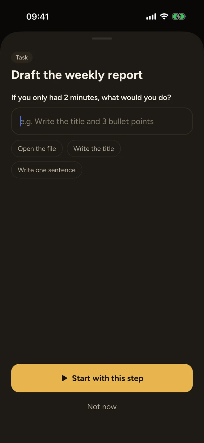 Focus Planner asking for a tiny first step before starting a task