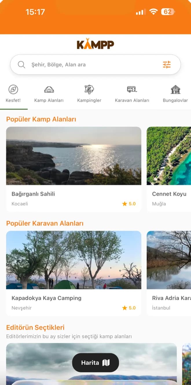 Kampp home screen with search, categories and popular campsites
