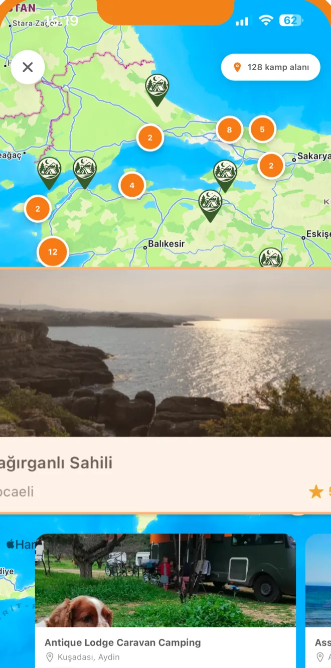 Kampp map of campsites around the Sea of Marmara with a selected campsite card